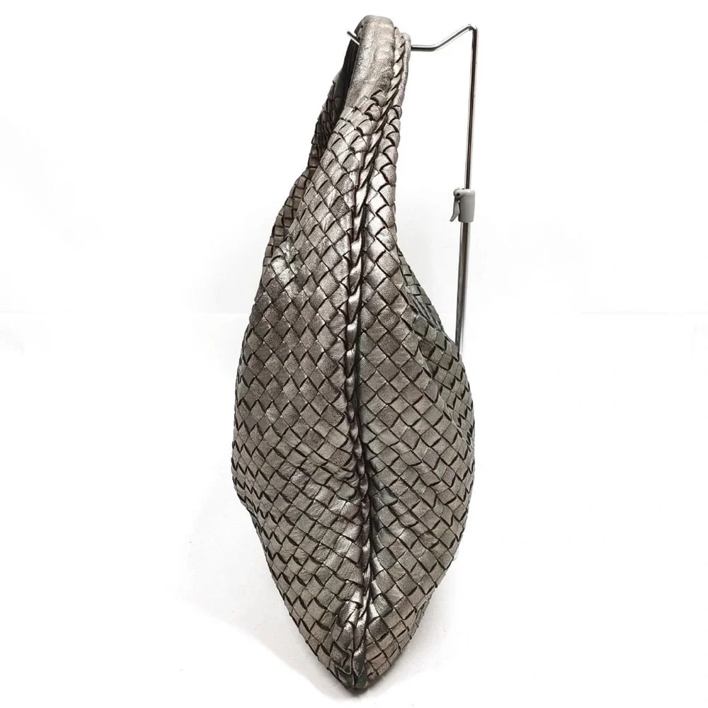 Bottega leather  Veneta Metallic Silver Intrecciato Hobo Bag
